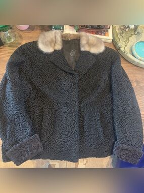 Vintage Black Persian Lamb Coat with Contrast Mink (likely) Fur Collar